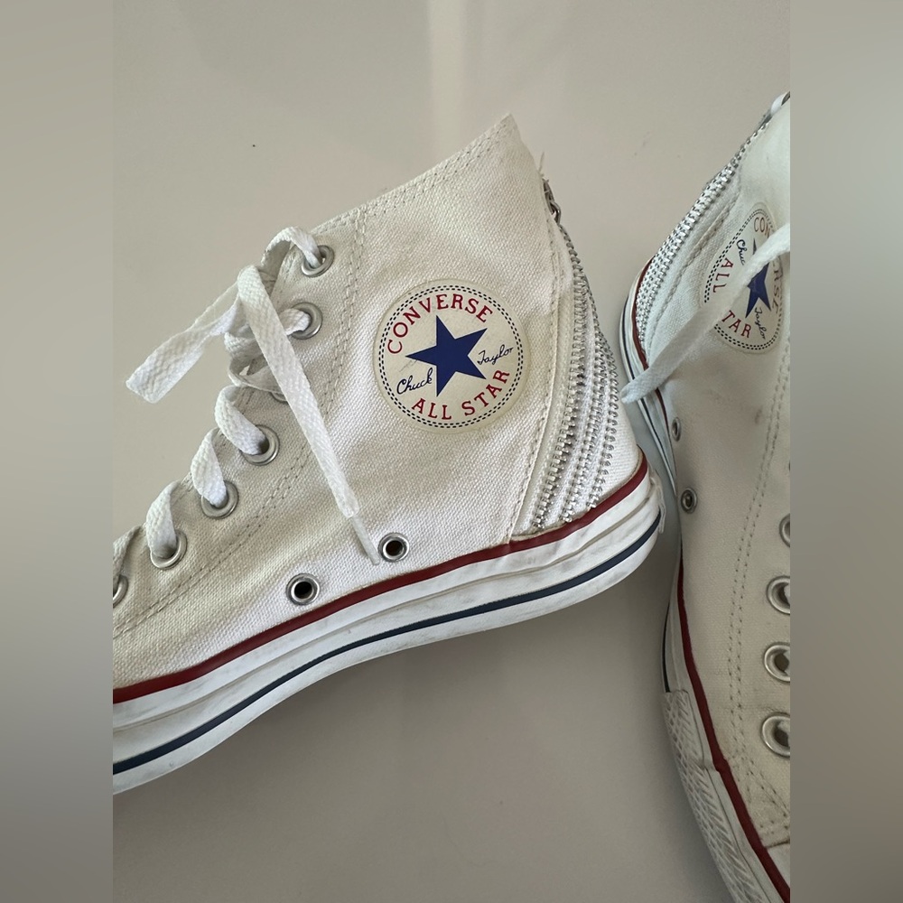Converse All Star Chuck Taylor White Tri Zip on back of heel. Size 8.5 women’s
